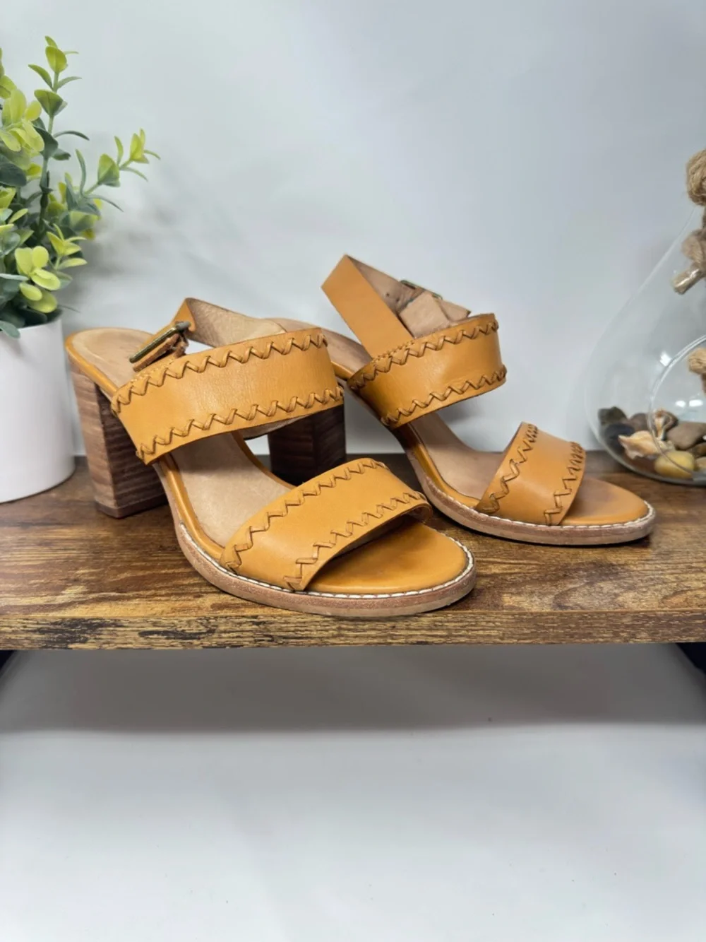 Madewell‎ The Angie Tan Leather Block Heel Double Strap Sandals Size 6.5